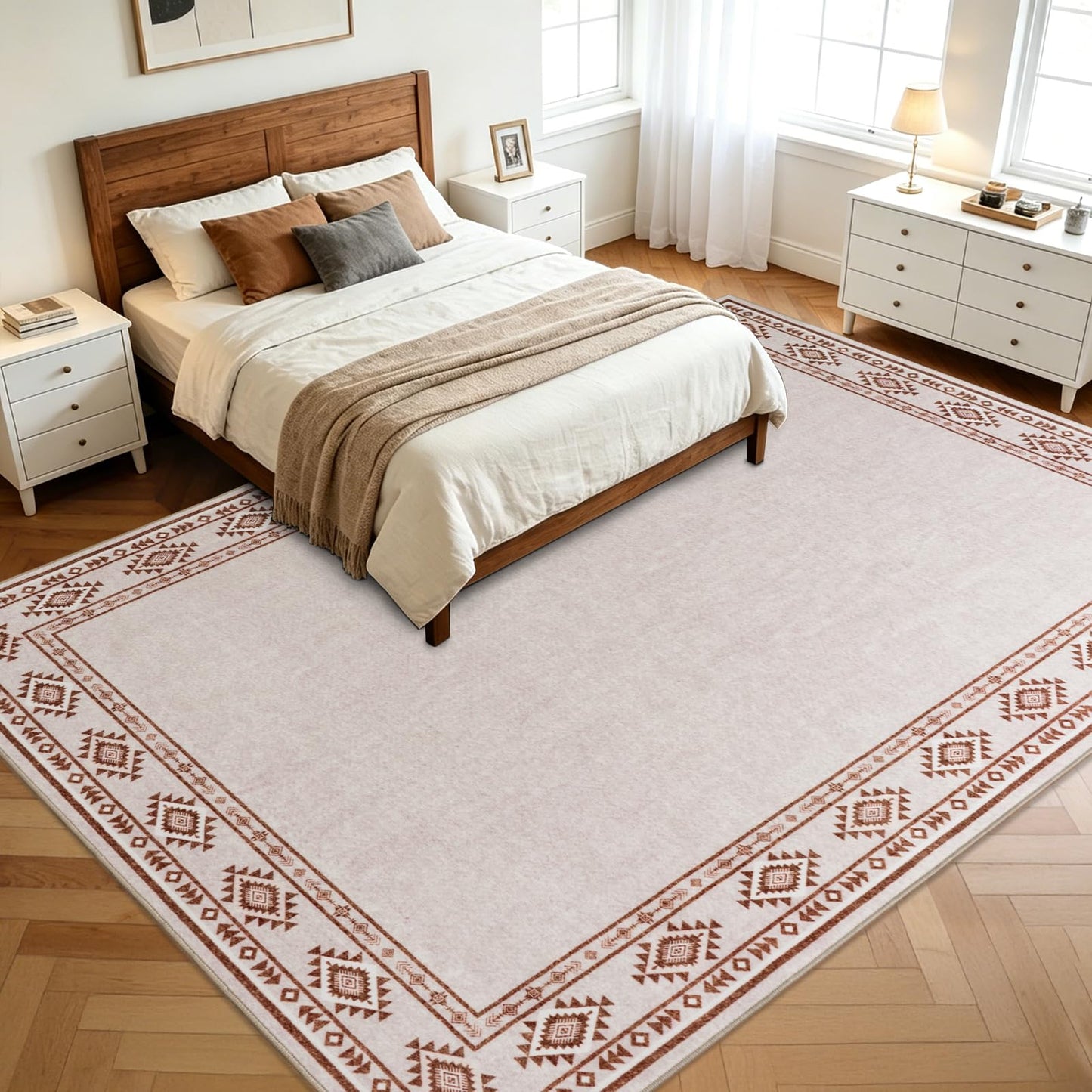 QDUIDU Large Area Rug for Bedroom Living Room, 4x6 Feet Ultra Soft Cream Rugs Washable Modern Geometric Bordered Non Slip Low Pile Carpets Home Decor