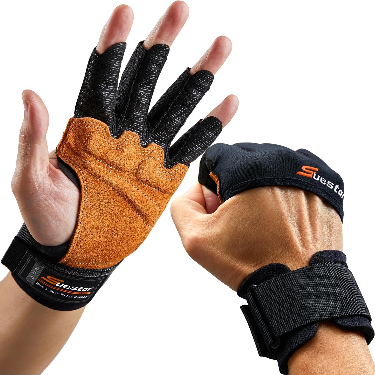 SueStar Workout Gloves, Heavy Duty Cowhide Padded Weight Lifting Gloves with Wrist Support, Full Palm Protection & Silicone Grips, Ideal for Weightlifting, Deadlifts, Exercise (Large), Black