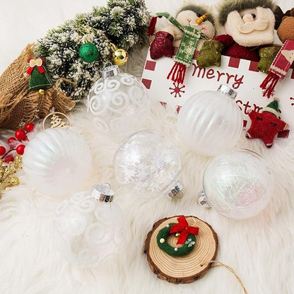 XmasExp 4ct Christmas Ball Ornaments Set -Large Clear Plastic Shatterproof Xmas Tree Ball Hanging Baubles Stuffed Delicate Glittering for Holiday Wedding Xmas Party Decoration (100mm/3.94",White)
