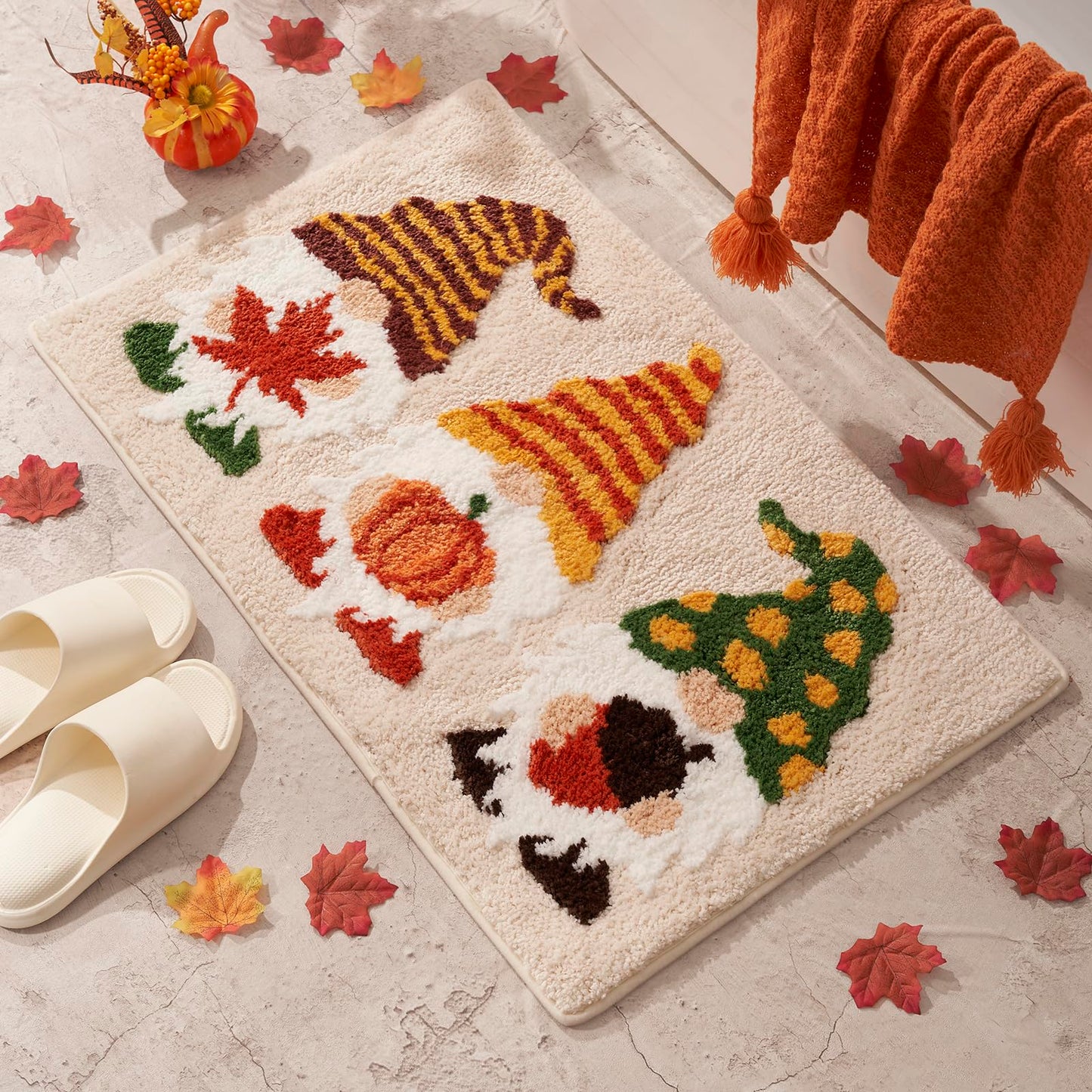ELDONE Fall Bathroom Decor Gnomes Rug with Pumpkin Maple Leaf, Cute Autumn Non-Slip Rug for Thanksgiving Home Decor, Funny Bath Mat for Bedroom Kitchen, 30" x 20"