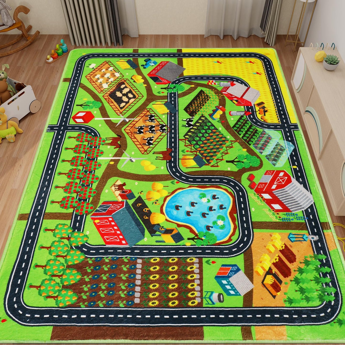 Mfmiudole Kids Rug for Car Toy Farm Track View, Large Play Rug 6'7" x 9'2" with Road Traffic Play Carpet Washable Educational Mat for Toddler Playroom Classroom Nursery (1-Farm Life, 110"×78.7")