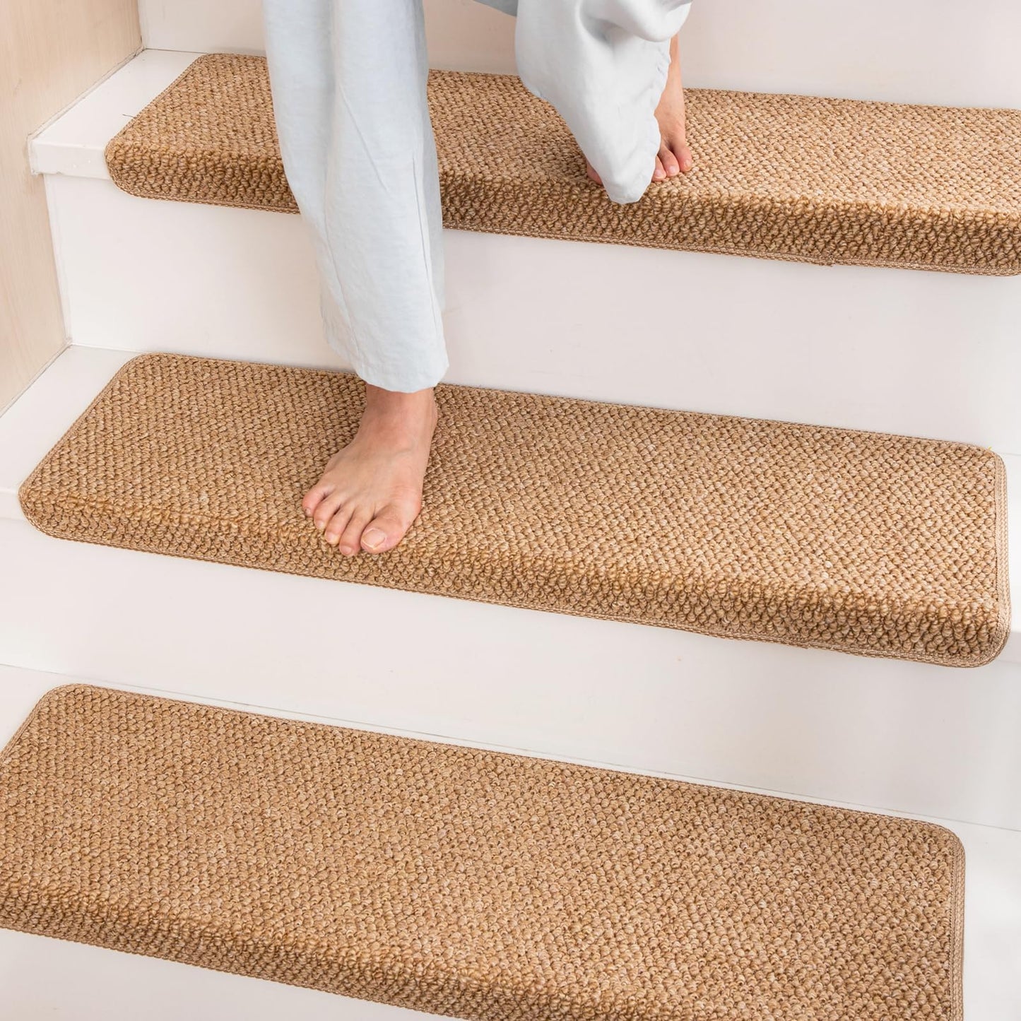 Hopeviva Bullnose Carpet Faux Sisal Stair Treads | Set of 14 | Stair Treads for Wooden Steps Indoor Anti Slip Braided Staircase Protector Pet Friendly Rugs Covers 9.44" X 29.5"x 1.9",Golden