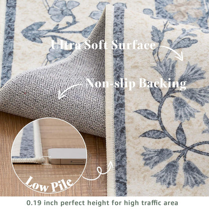 jinchan Zenith Floral 5x7 Area Rug Soft Low-Pile Living Room Rug Machine Washable Non-Slip Vintage Botanical Aesthetic Throw Carpet for Bedroom Dining Room Nursery Blue/Cream
