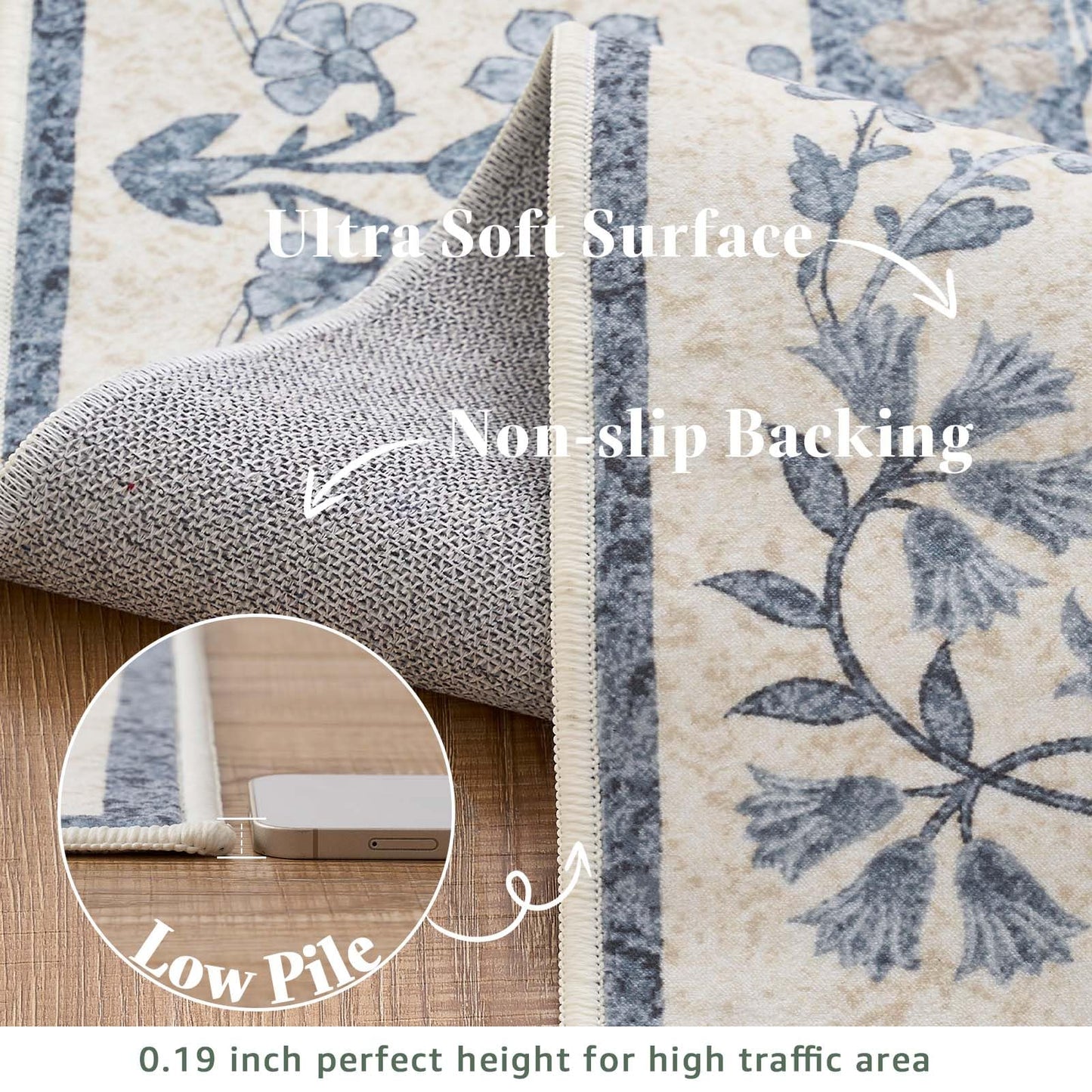jinchan Zenith Floral 3x5 Area Rug Machine Washable Soft Low-Pile Non-Slip Vintage Botanical Aesthetic Throw Carpet for Entryway Bedroom Kitchen Living Room Nursery Blue/Cream