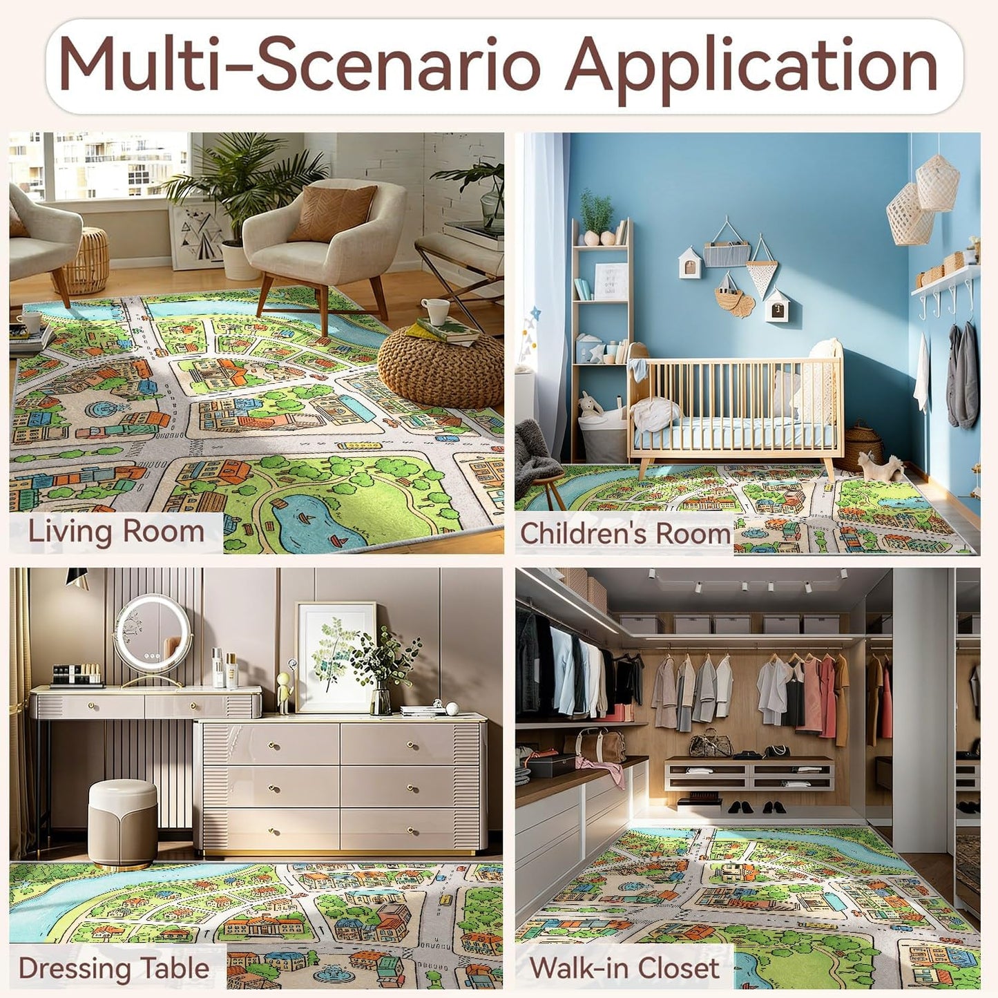 City Road Map Area Rug, 5x8ft, Educational Town Life Traffic Map Floor Carpet for Boys and Girls Bedroom, Fun Learning Play Mat, Machine Washable Low Pile Comfy Soft Rug for Living Room