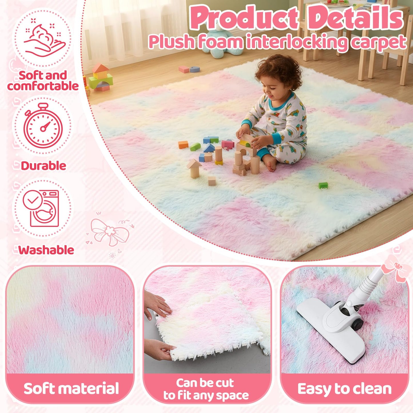 Maasechs 16 Pcs Pastel Rainbow Faux Fur Floor Tiles, 11.8 x 11.8 in Puzzle Girls Play Soft Tiles, 1.5 Inch Shaggy Square, EVA Foam Floor Mat for Nursery, Playroom, Bedroom, Toddler Room, Daycare