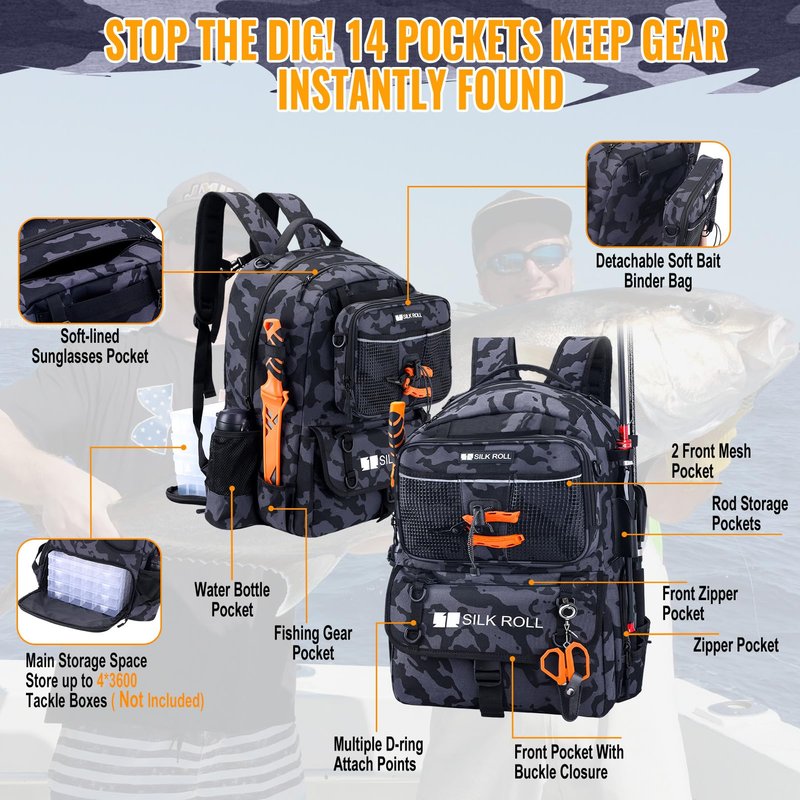 SILK ROLL 50L Fishing Tackle Backpack with Rod Holder and 4 Included 3600 Tackle Boxes - Waterproof Fishing Backpack for Ultimate Gear Organization and Storage (Black Camo)