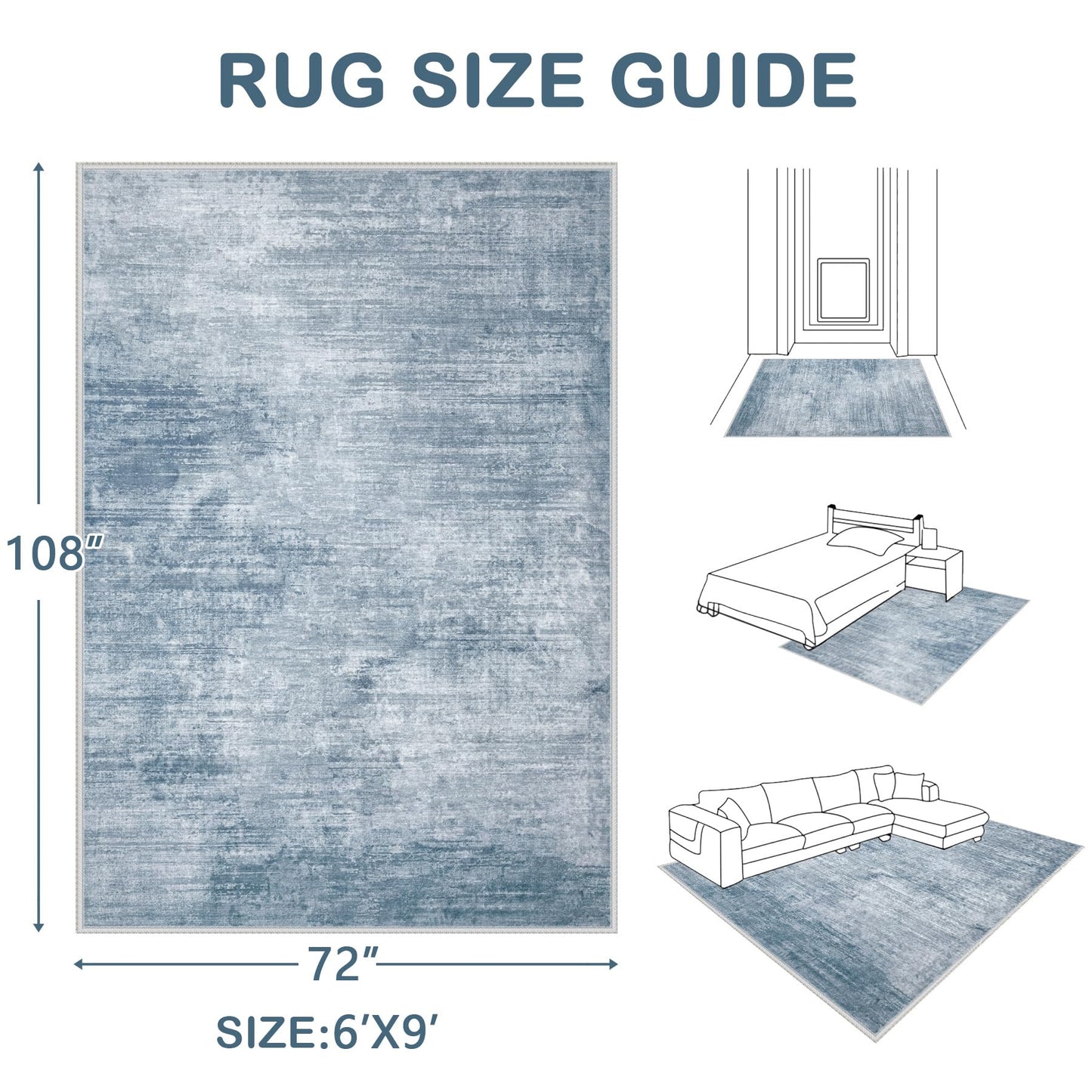 Area Rugs 6x9 Living Room: Washable Rug Modern Abstract Large Rugs Soft Non Slip Neutral Rug Stain Resistant Indoor Carpet for Bedroom Kitchen Dining Room Table Nursery Home Office Rugs(Blue,6'x9')