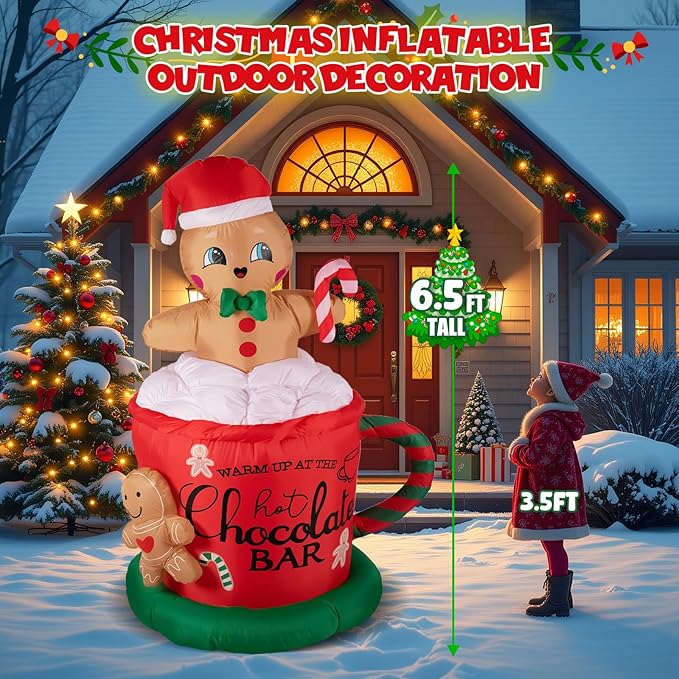 6.5FT Giant Inflatable Gingerbread Man with LED Lights, All-Weather Outdoor Christmas Decoration, Hot Chocolate Mug Yard Decor