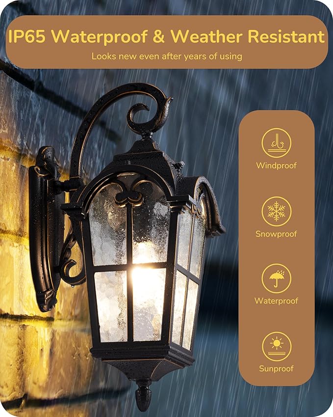 EDISHINE Dusk to Dawn Outdoor Wall Lights, 20.4" Large Size Exterior Lantern Fixture, Porch Lights Wall Mount, Roman Wall Lamp, Waterproof Outside Wall Sconce for Front Door Garage, Black