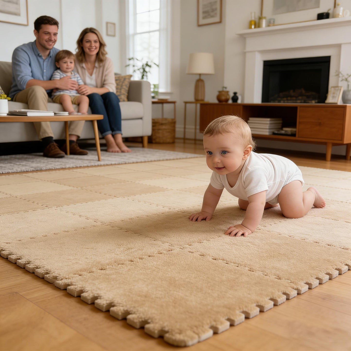 Jaderlu 16pcs 0.6" Thickened Interlocking Tile Mats,Fluffy Shaggy Soft EVA Foam Area Rug for Living Room & Bedroom,Non-Slip Protective Floor Carpet Play Mat Kids Baby Dorm Home Decor (11.8ft, Khaki)