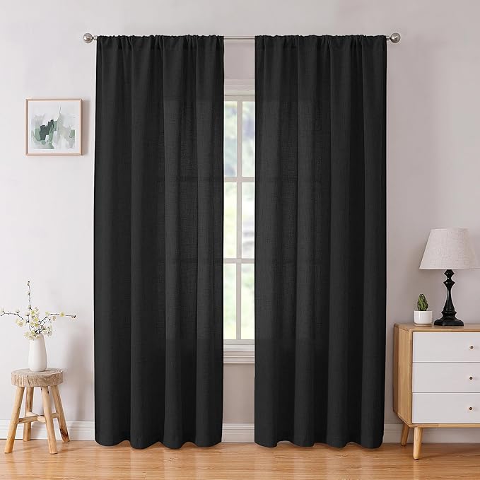 Tollpiz Linen Curtains Bedroom Rod Pocket Semi Sheer Curtain Burlap Light Filtering Thick Linen Drapes for Living Room, 54 x 84 inches Long, Black, Set of 2 Panels