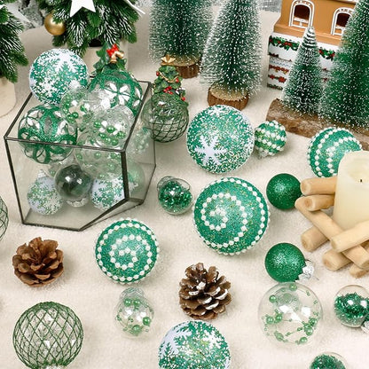 Super Holiday Christmas Ball Ornaments, 33PCS Green Clear Shatterproof Plastic Foam Ornaments Set for Hanging Xmas Tree Holiday Thanksgiving Party Decor.