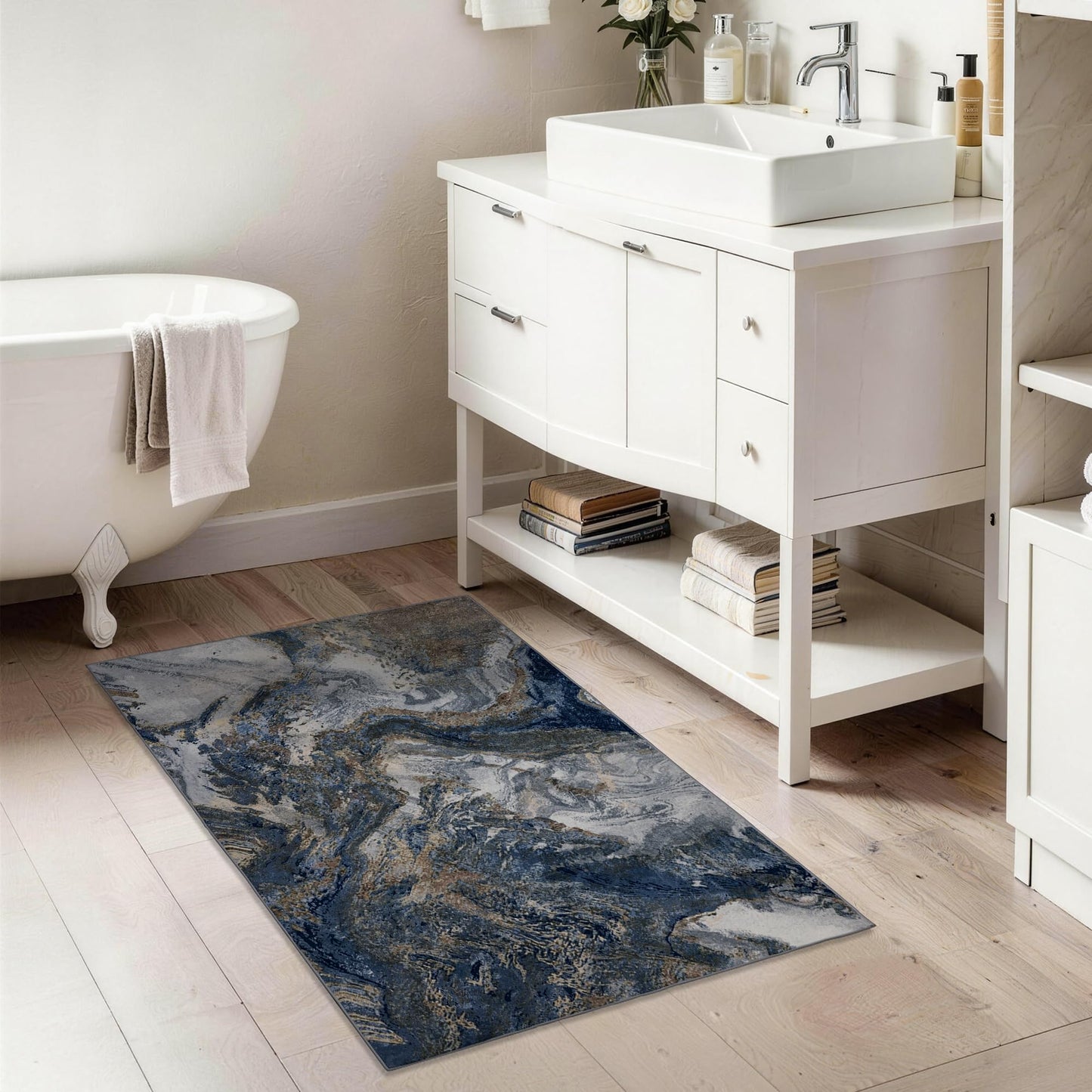 Blue Washable 2x3 Entryway Rug: Modern Abstract Small Area Rug for Kitchen Bathroom Bedroom - Soft Floor Mat Stain-Resistant Thin Low Pile Pet Friendly