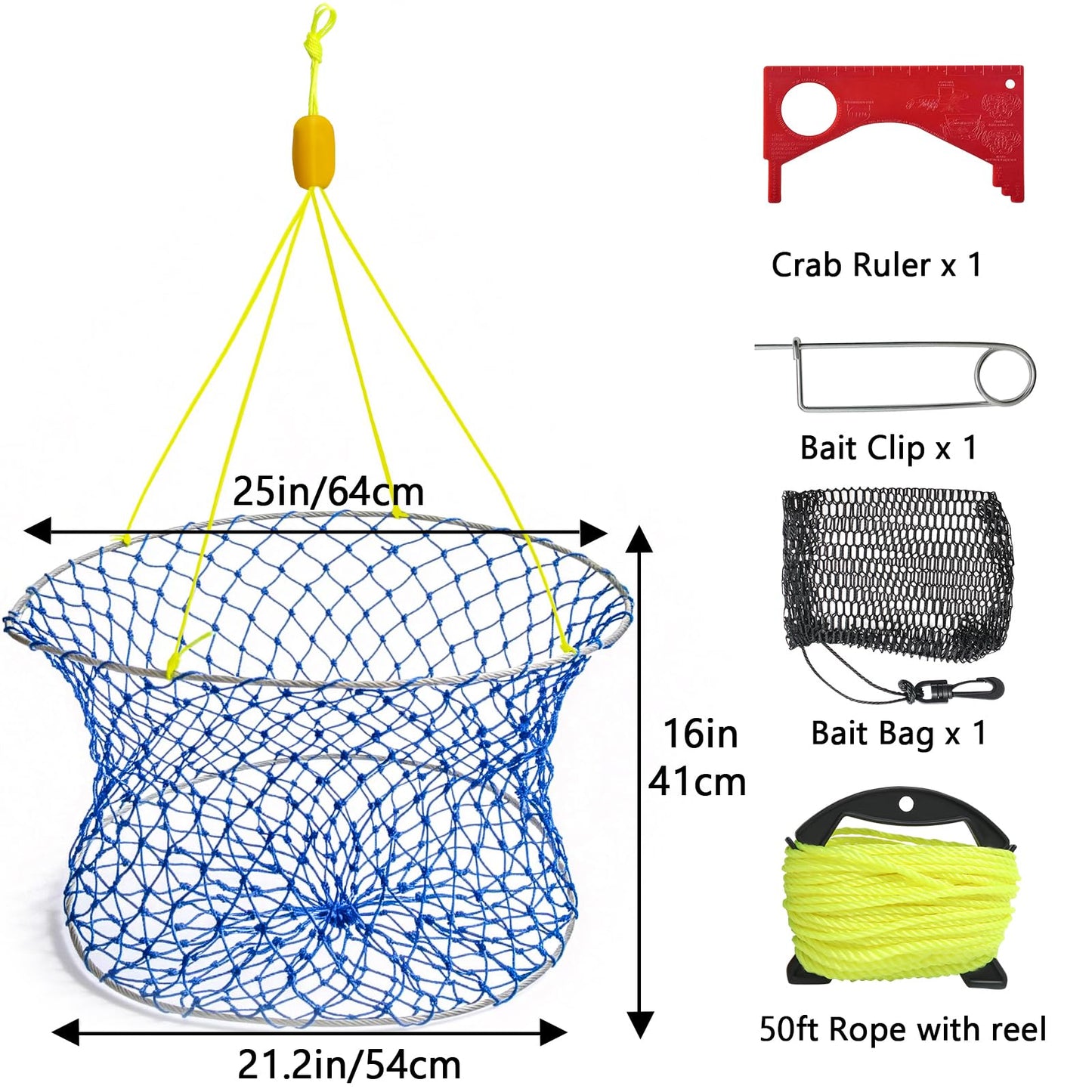 Synceduo Crab Ring Trap Collapsible Fishing Hoop Net Pots for Crabbing Bait Traps for Blue Crabs Dungeness with 50ft Rope, Bait Bag, Clip & Ruler
