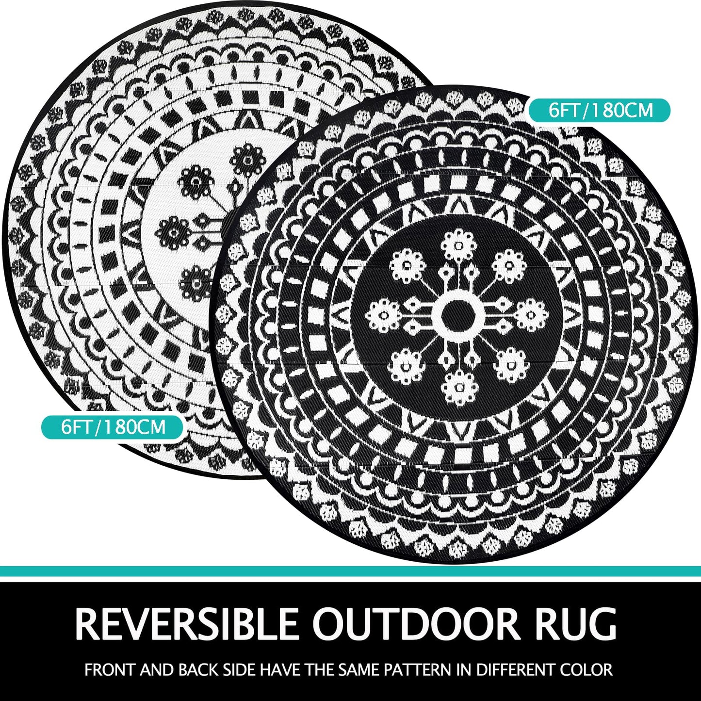 Capslpad 6Ft Round Outdoor Rug for Patio Reversible Mat Boho Circle Indoor Outside Area Rug Waterproof Plastic Straw Rug for RV Camping Picnic Pool Tent Beach Deck Balcony Doormats Decor, Black
