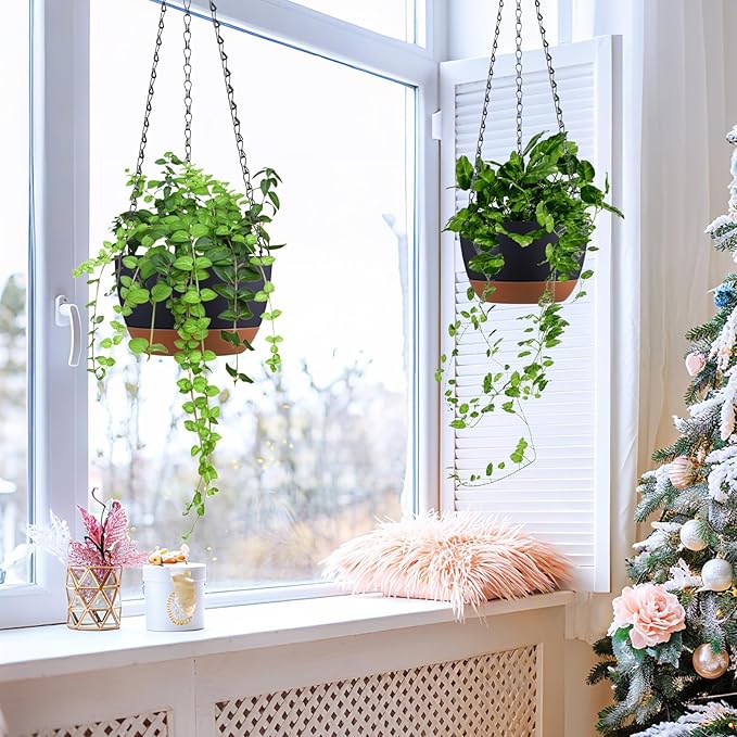Set of 2 8 Inch Self Watering Hanging Planters for Indoor Outdoor Plants, Color Blocking Hanging Baskets Flower Pots with Drainage Hole & Removable Water-Storage Tray and 20" Chain Hanger