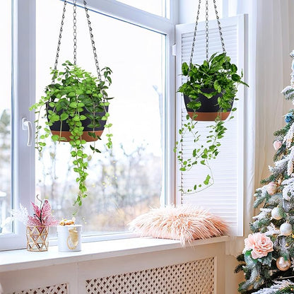 Set of 2 8 Inch Self Watering Hanging Planters for Indoor Outdoor Plants, Color Blocking Hanging Baskets Flower Pots with Drainage Hole & Removable Water-Storage Tray and 20" Chain Hanger