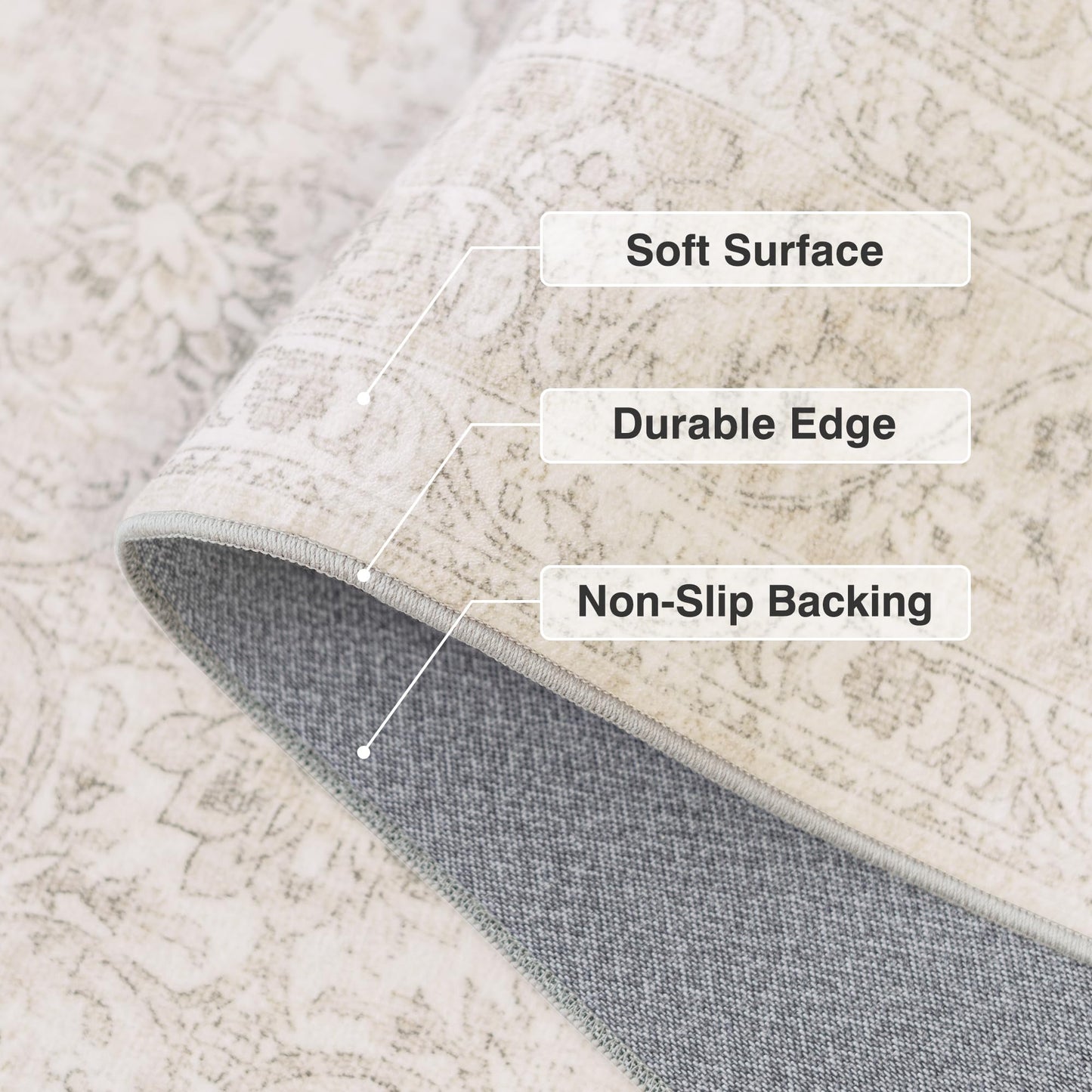 FMFUNCTEX 2x6 Hallway Runner Rug Beige Vintage Neutral Washable Distressed Non Slip Low Pile Indoor Carpet Soft Retro Entryway Rug for Kitchen Bathroom Laundry Entrance Living Room Bedroom Bedside