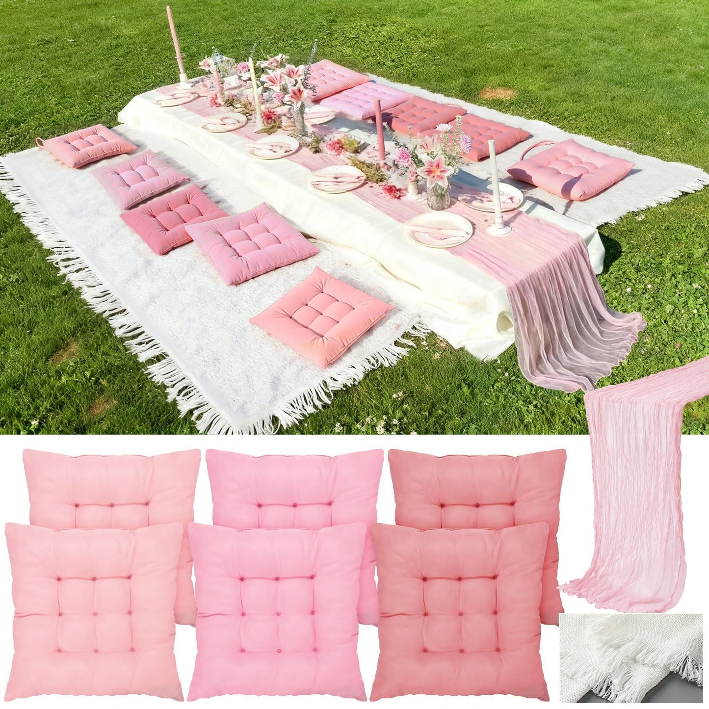 Hillsuren Extra Large Outdoor Picnic Blanket with Table Runner and Floor Pillow Cushion for Picnic Wedding Birthday Baby Shower Backyard (91 x 71'',Pink,6-Person)