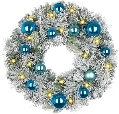 24 inch Christmas Wreath,Winter Pine Wreaths with Blue Ball LED Lights for Front Door for Fireplace Xmas Decorations, Wall Window Indoor Outdoor Decor