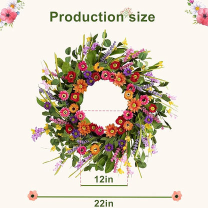 Artificial Spring Wreath 22 Inch Summer Wreaths for Front Door with Green Eucalyptus Leaves Pink Daisy Lavender Spring Door Wreath for Farmhouse Wall Wedding Home Porch Easter