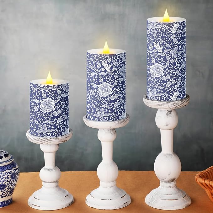 Baquler 3 Pcs Chinoiserie Flameless Pillar Candles Blue and White Floral Candles Battery Operated Decorative Porcelain LED Candlestick for Home Wedding Table Party Decoration