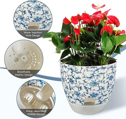 Print Flowerpots Round Plant Pots - 2 Pack Outdoor Garden Planter Plastic Indoor Modern Decorative Succulent Houseplant Pot with Drainage 5FP-BLUWHT
