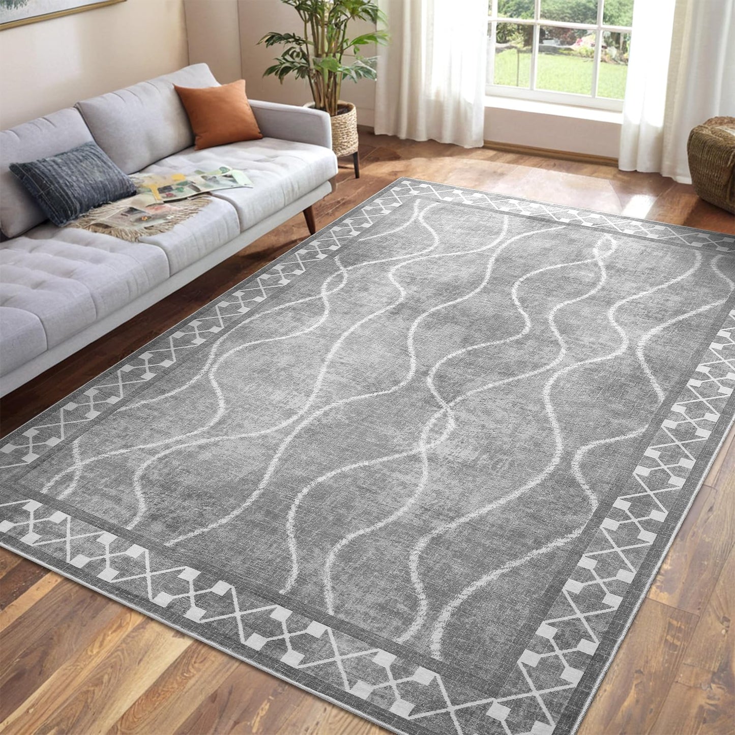 Woottpe 4x6 Area Rugs for Living Room Bedroom, Machine Washable Low Pile Rugs, Non Slip Modern Bordered Print Indoor Carpet for Entryway Office Dining Room Dorm Home Decor,Light Grey