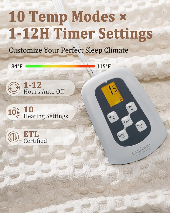 CAROMIO Heated Blanket Twin Size, Waffle Weave Electric Throw Blanket Fast Heating with LCD Controller, 10 Heat Levels & 1-12H Time Settings Auto Off, ETL Certified, Beige, 62" x 84"