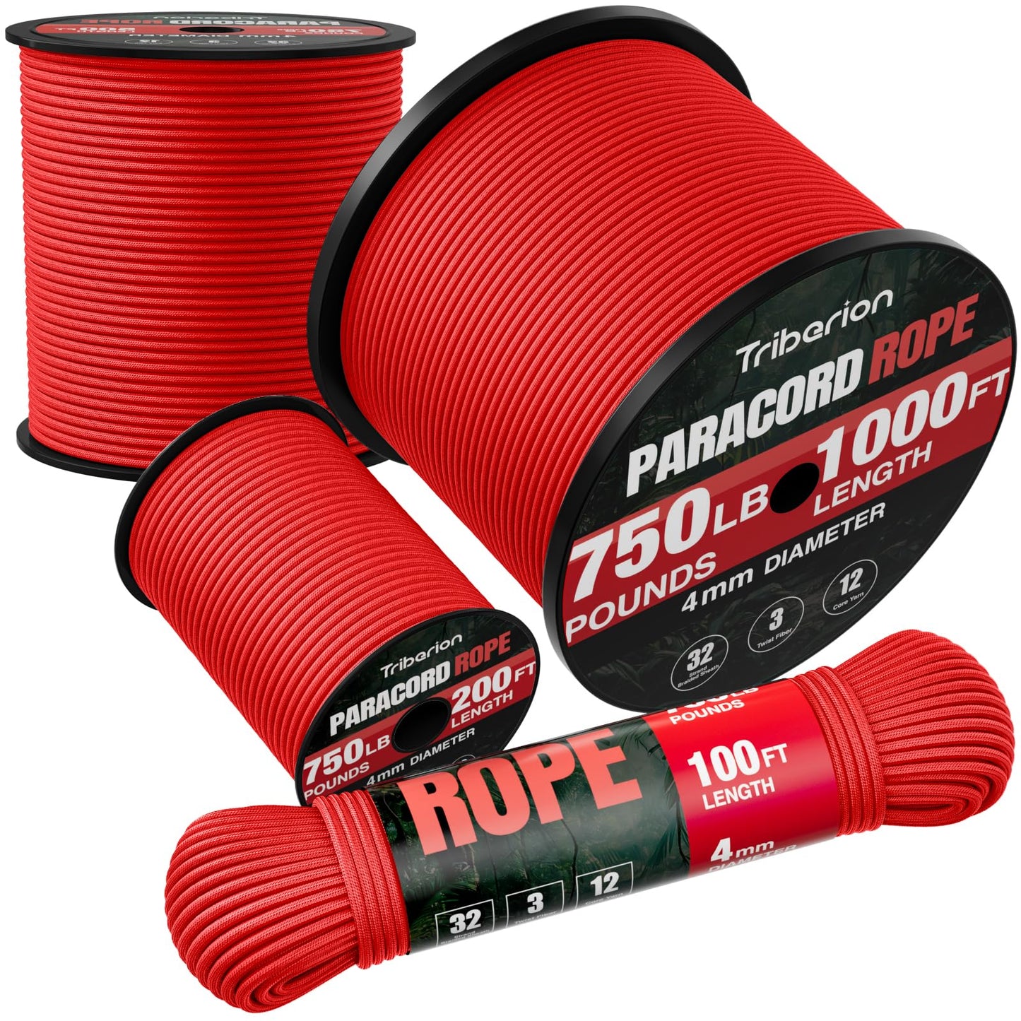 TRIBERION Paracord Rope 750 lb - 500ft 5/32" Parachute Cord 4MM 12-Strand para Cord - Heavy Duty Spool String for Survival,Camping Gear, Survival Bracelet, Clothesline - Red