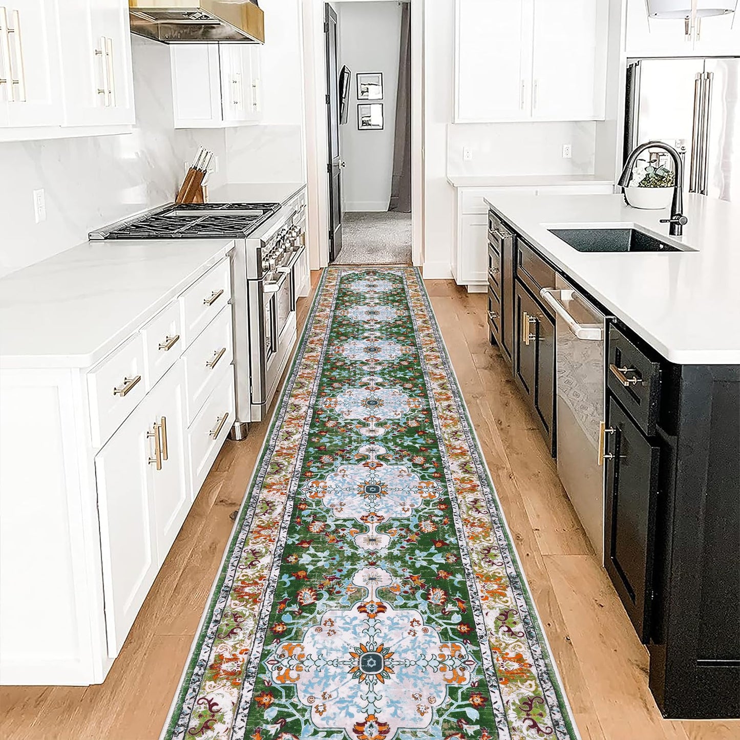 U'Artlines 2' x 14' Long Boho Hallway Runner Rug, Non Slip Washable Vintage Farmhouse Accent Area Rug Carpet for Kitchen Entryway Laundry and Living Room Green