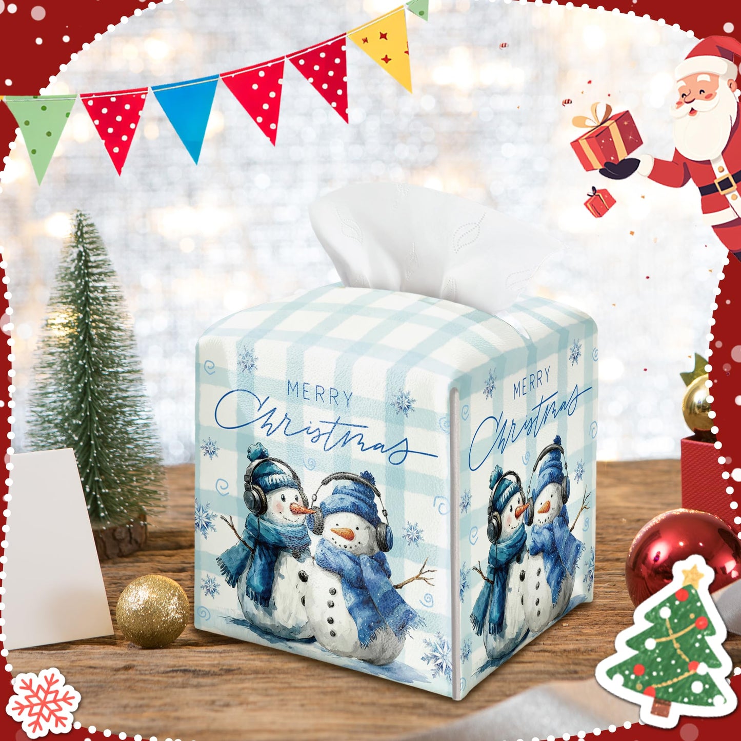 Christmas Snowman Box Cover Square, Blue Checkered Decorative Tissue Box Holder, Waterproof Leather Tissues Boxes Dispenser for Bathroom, Office, Car, Bedroom Nightstand, Home Decor