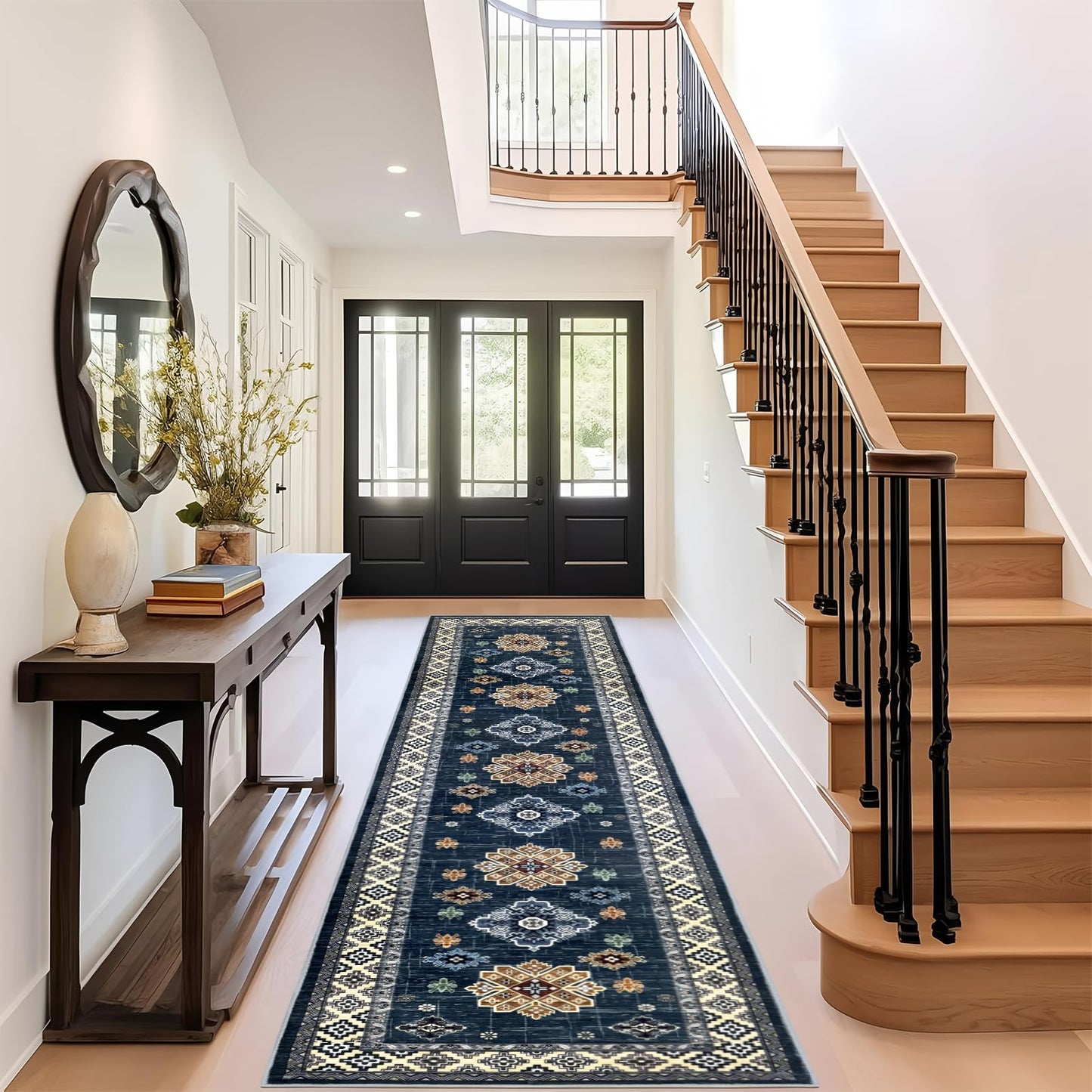 Mordem Blue Runner Rug 2x8, Non Slip Low Pile Stain Resistant Boho Washable Hallway Runner Rugs for Kitchen Bedroom Beside Laundry Room Bathroom Rug, Pet & Kids Friendly