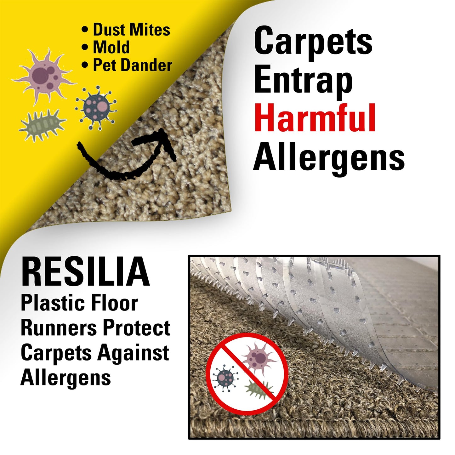 RESILIA Deep-Pile Carpet Runner - Plastic Vinyl Carpet & Rug Protector, Waterproof Clear Vinyl Floor Runners, 36 Inches Wide x 6 Feet Long, Made in The USA