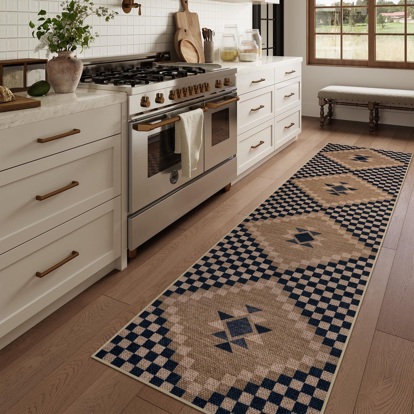 LIVEBOX Easy Jute Runner Rugs for Hallway 2x10, Non Slip Washable Rug Runner, Checkered Extra Long Rugs for Hallways, Ultra Thin Farmhouse Kitchen Rug for Hardwood Floor