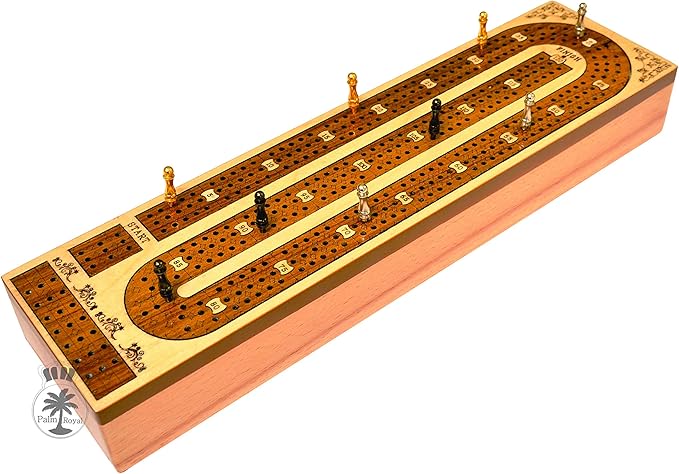 Palm Royal Handicrafts 3 Track Continuous Cribbage Wooden Cribbage Board Made with Maple Wood/Teak Wood and Storage Available for pegs and Cards