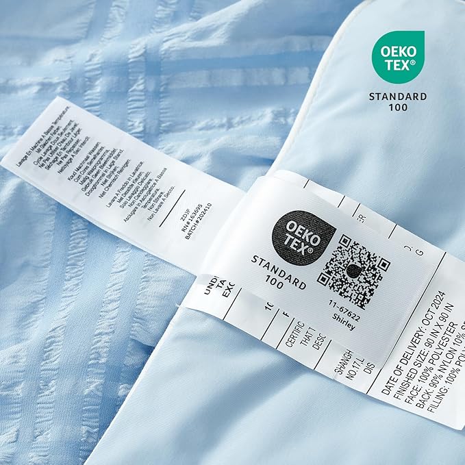 Cozy Bliss Cooling Comforter Full Size Seersucker Plaid, Q-Max 0.4 Reversible Lightweight Cooling Blanket, Breathable Silk Smooth Summer Bedding Quilt for Hot Sleepers Night Sweats Blue