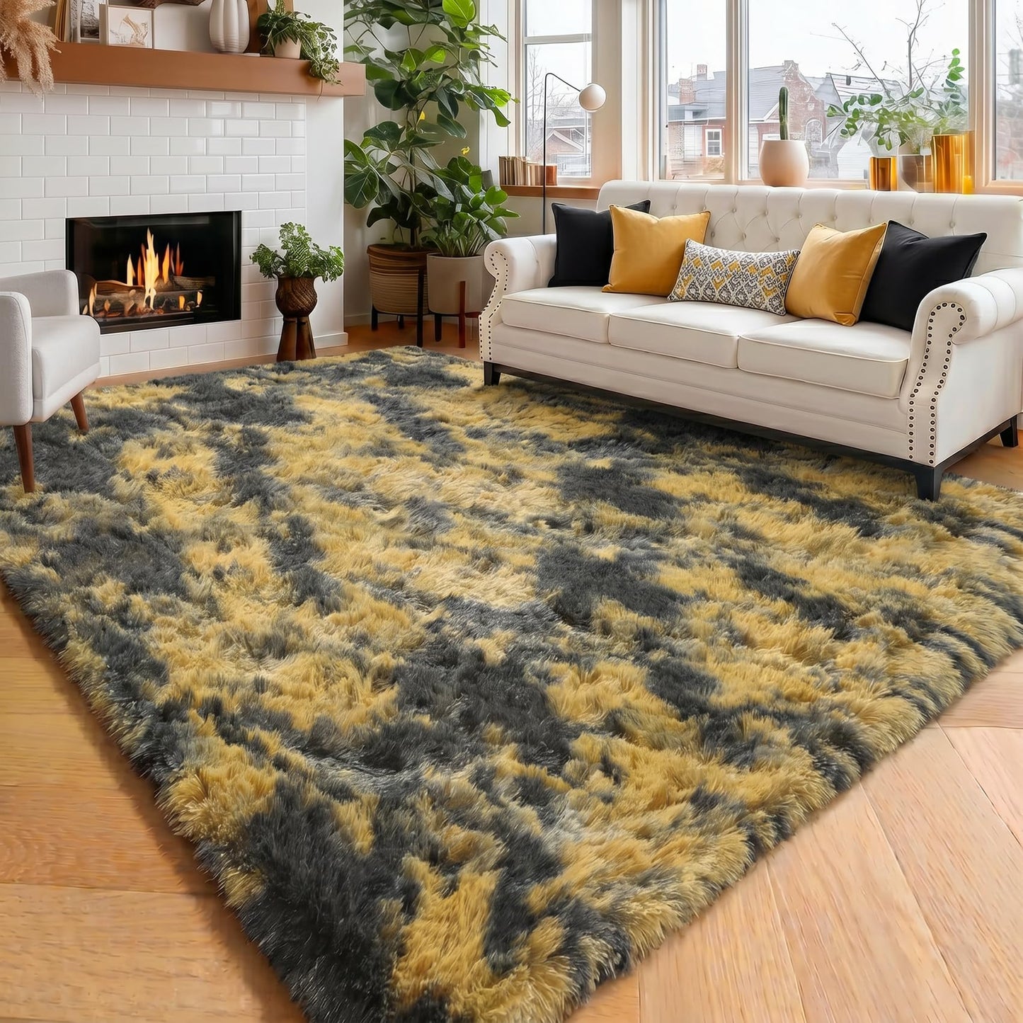 Amdrebio Black Gold Yellow Grey Rugs for Bedroom Living Room Decor, Fluffy Furry Fuzzy Shaggy Area Rug 4x6 for Kids Room Dorm Home Office, Modern Cool Leopard Cheetah Shag Carpet for Teen Boys Men