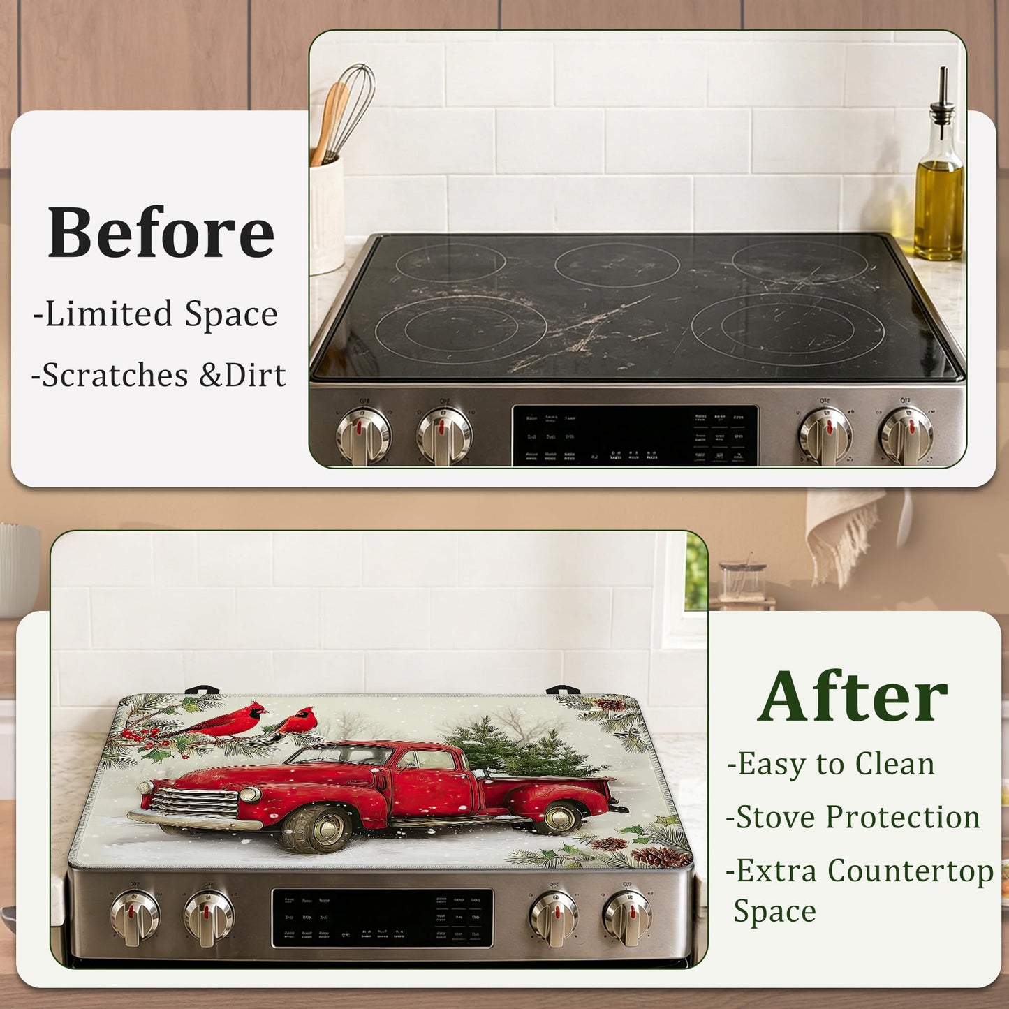 Red Truck Christmas Stove Top Cover for Electric Stove 28.5"x 20.5",Cardinal BirdHeat Resistant Glass Top Stove Cover Protector, Glass Cooktop Covers, Kitchen Flat Electric Stove Top Covers