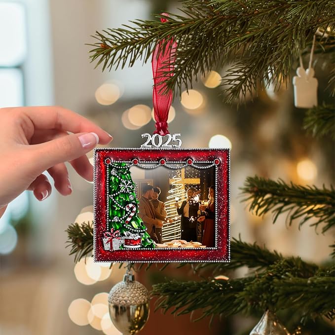 2025 Christmas Tree Ornaments Set 3 Pieces Picture Frame Ornament- Made of Zinc Alloy Glitter Powder Pendant 2.5 Inch Picture Frame for Pet and Baby Holiday Keepsake Gift(3 Pieces,2025)