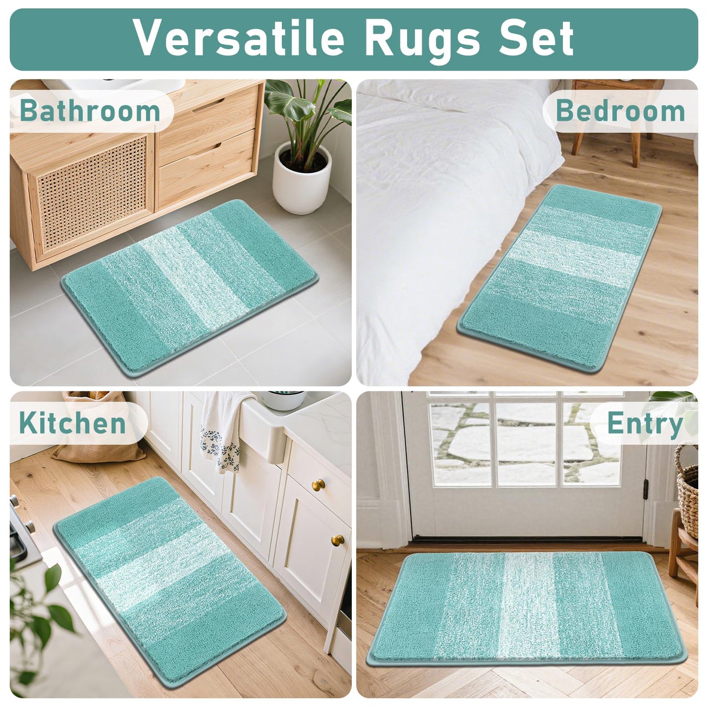 Bsmathom Bathroom Rugs Sets 4 Piece, Soft Absorbent Microfiber Bath Rugs with U-Shaped Contour Toilet Rug and Toilet Lid Cover, Thick Non-Slip Plush Shaggy Bath Mat Set,Teal