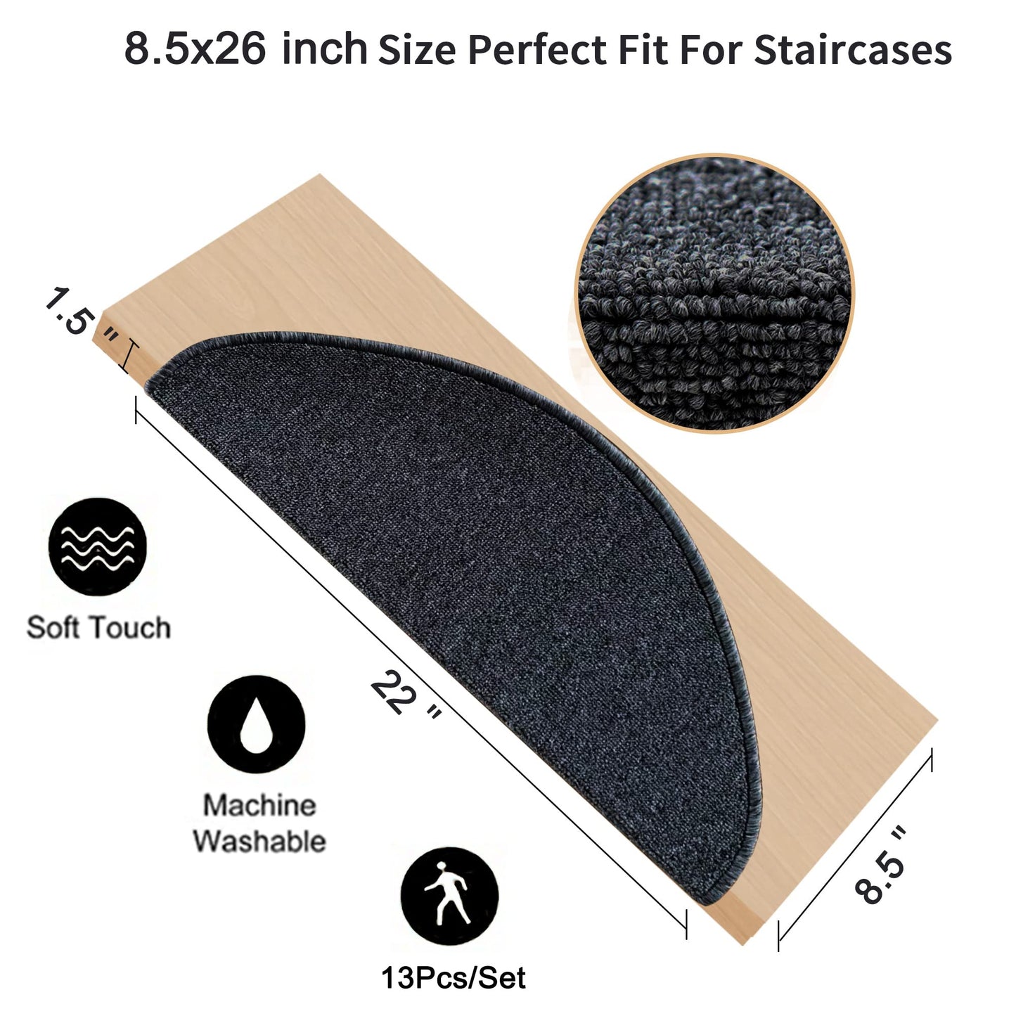 Qingbei Rina Bullnose Carpet Stair Treads Non-Slip for Wooden Steps,13PCS/8.7 * 26inch Indoor Stair Carpet Runner,Cover,Mat for Dogs Baby Pets,Comfort Semi Circular(Black Grey)