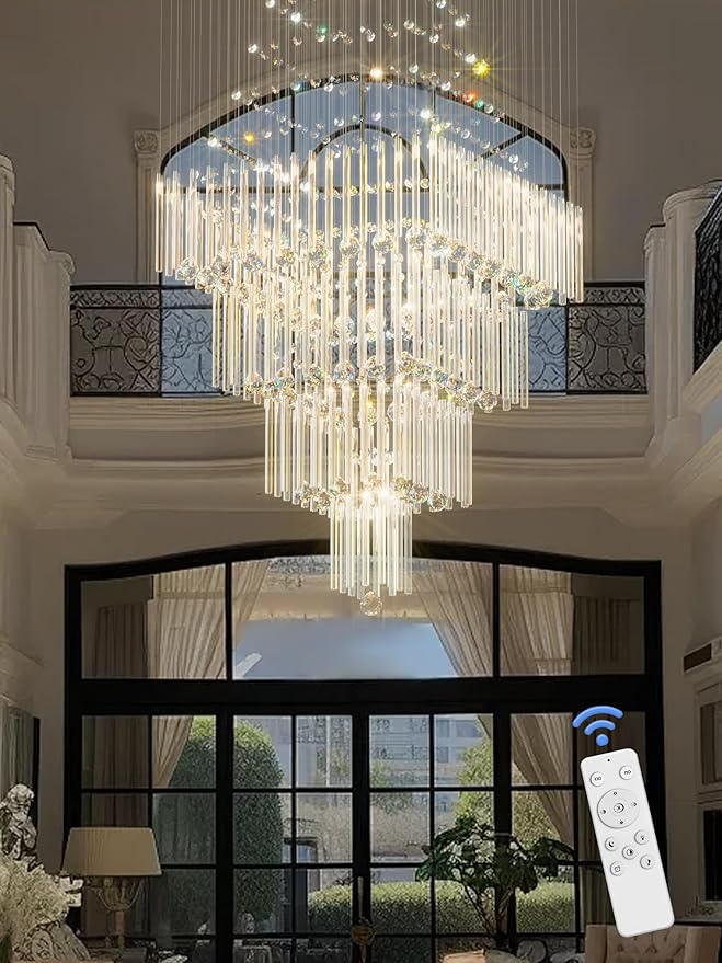 Flashing God D32''X H110'' Extra Large Chandeliers for High Ceilings Square Crystal Raindrop Gold Chandeliers Large Villa Chandelier Entrance Foyer Ceiling Light LED Dimmable 2700K-6000K
