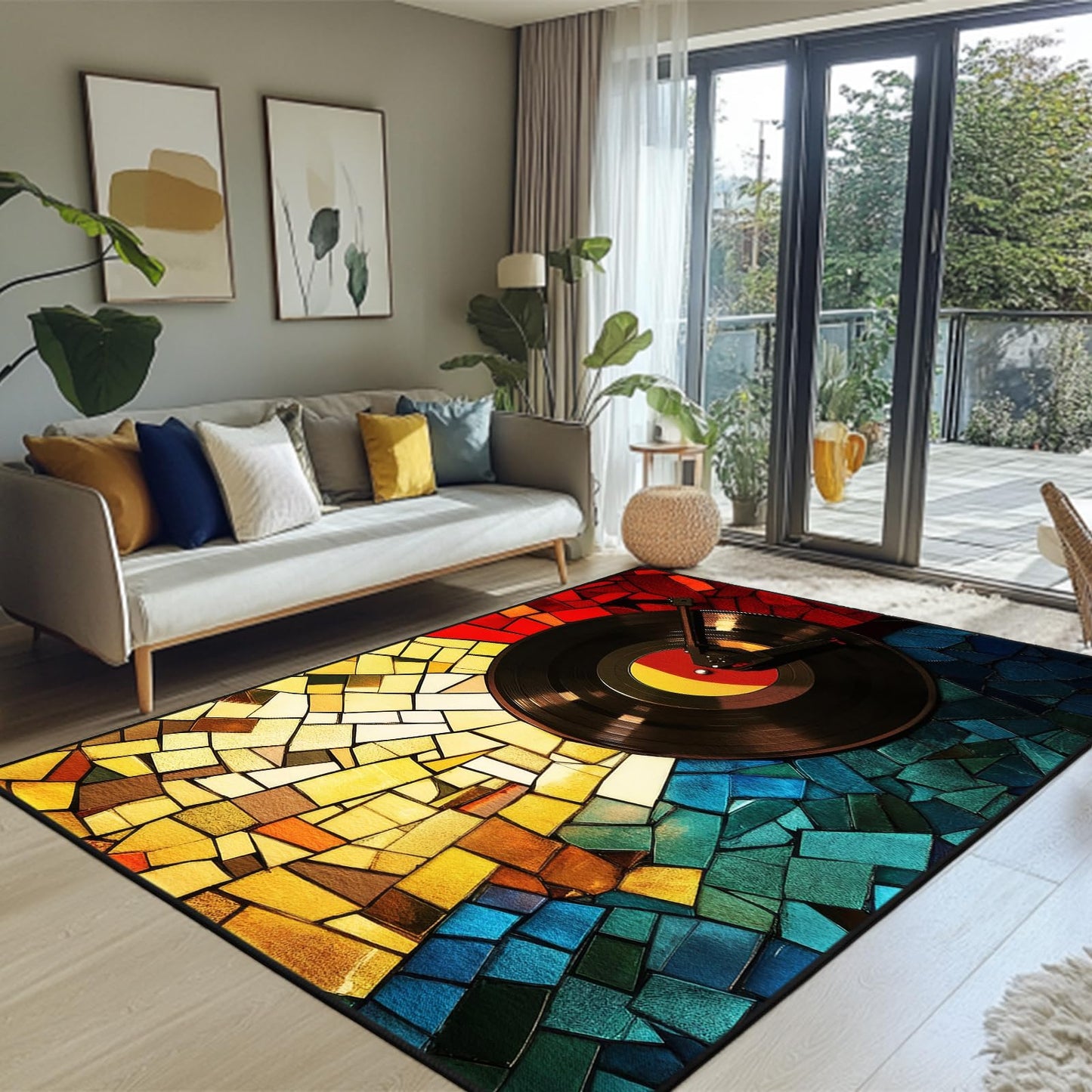 keepcute Retro Vinyl Area Rug 5x7 ft Non-Slip Carpets Record Player Carpet Decor for Living Room Bedroom Living Room Study Carpet