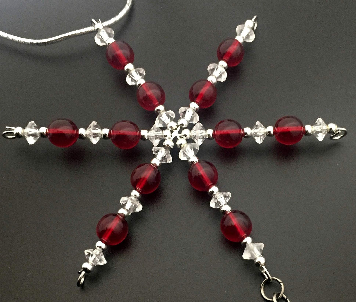 Track Round Ornament - Beaded Snowflake Christmas Ornament with Red Beads