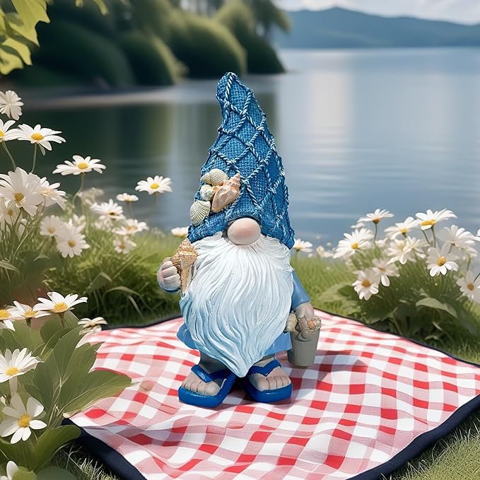 Garden Sea Gnome Statue Decoration Indoor Resin Beach Gnome Sculpture for Home Office Desktop Bathroom, Summer Pool Decoration Gifts (Carrying Bucket of Shells)