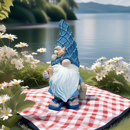 Garden Sea Gnome Statue Decoration Indoor Resin Beach Gnome Sculpture for Home Office Desktop Bathroom, Summer Pool Decoration Gifts (Carrying Bucket of Shells)