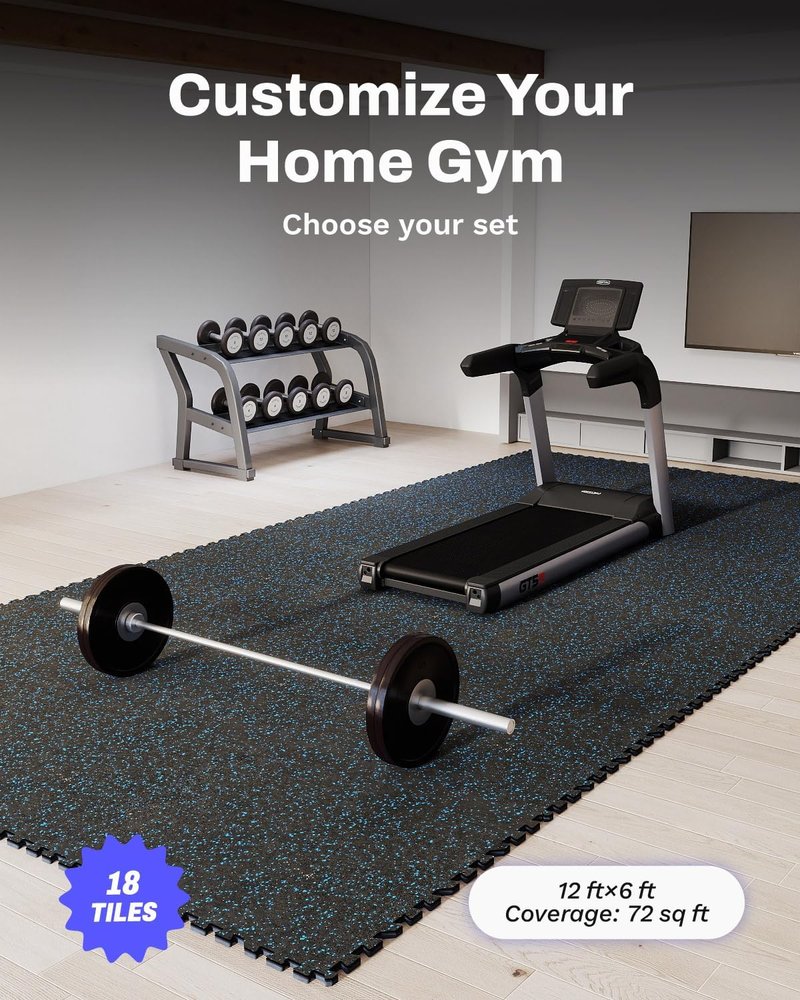 AIRHOP Exercise Mats - 0.79in Thick Interlocking Rubber Tiles | 72 Sq Ft Home Gym Flooring in Black & Blue