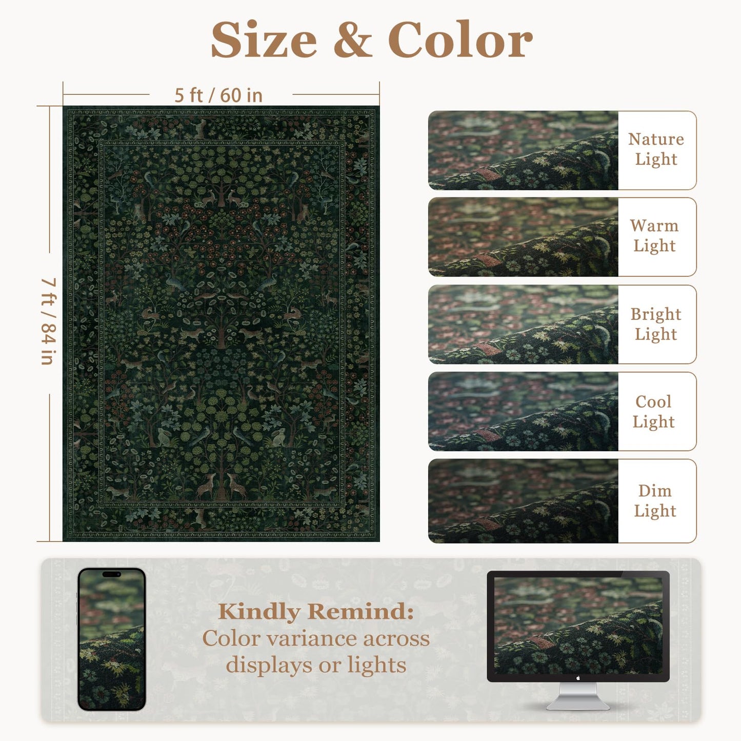Jainmy Woodland Floral Animal 5x7 Washable Rugs for Living Room, Whimsical Tree of Life Natural Area Rug for Bedroom Nursery, Low Pile Thin Carpet Rugs for Dining Room Home Office Non Slip, Dark Green